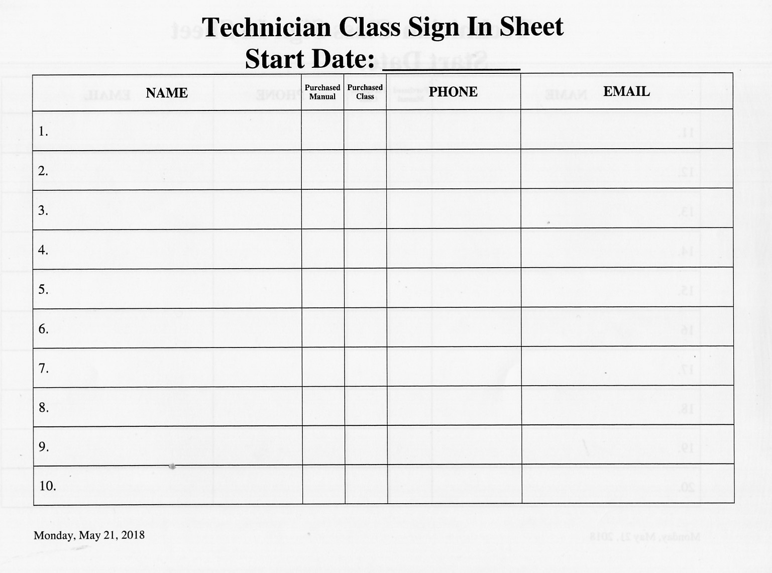 Technician Class Sign In Sheet